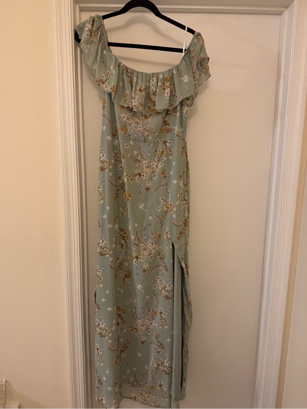 Lulu's Sage Green One-Shoulder Floral Ruffle Maxi Dress